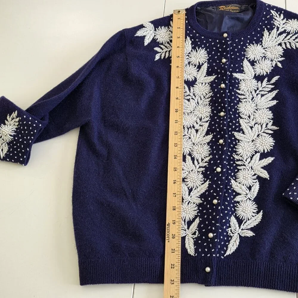 Vtg Embellished Beaded 1960s Cardigan Womens 44 L Blue Lined Floral Art To Wear - Picture 8 of 16